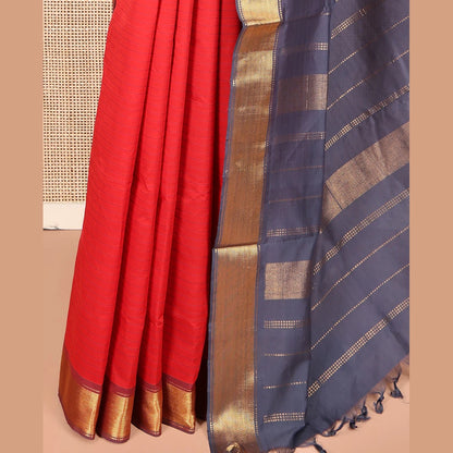 Pothys Red Striped Poly Cotton Saree, Complemented by Contrast Zari Border, Zari Design Pallu, and Paired with a Contrast Blouse