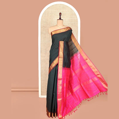 Pothys Black Striped Poly Cotton Saree, Complemented by Contrast Zari Border, Zari Design Pallu, and Paired with a Contrast Blouse