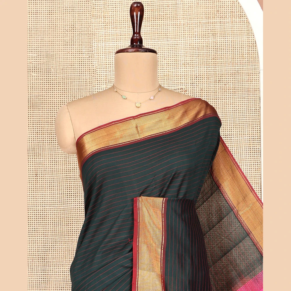 Pothys Black Striped Poly Cotton Saree, Complemented by Contrast Zari Border, Zari Design Pallu, and Paired with a Contrast Blouse