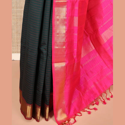 Pothys Black Striped Poly Cotton Saree, Complemented by Contrast Zari Border, Zari Design Pallu, and Paired with a Contrast Blouse