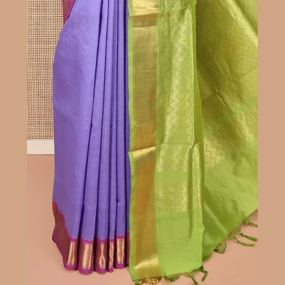 Pothys Lavender Poly Cotton Saree, Enthralled with Zari Buttas on Its Body, Complemented by Contrast Ganga-Jamuna Border, Chevron Striped Pallu, and Paired with a Contrast Blouse