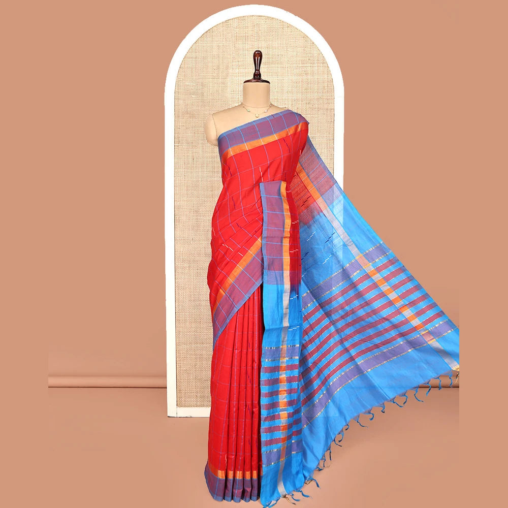 Pothys Red Poly Cotton Saree, Bedecked with Butta Enclosed Checks on Its Body, Complemented by Contrast Border, Pallu Steeped with Stripes, and Paired with a Contrast Blouse