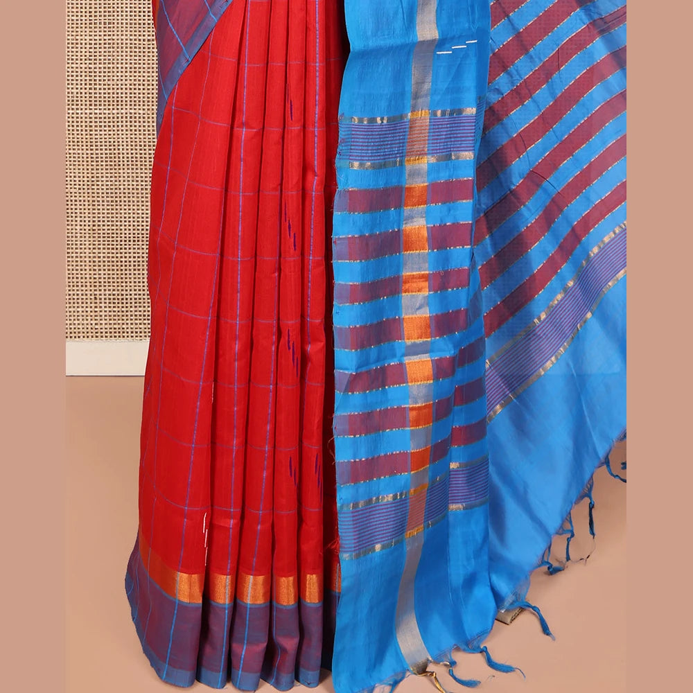 Pothys Red Poly Cotton Saree, Bedecked with Butta Enclosed Checks on Its Body, Complemented by Contrast Border, Pallu Steeped with Stripes, and Paired with a Contrast Blouse