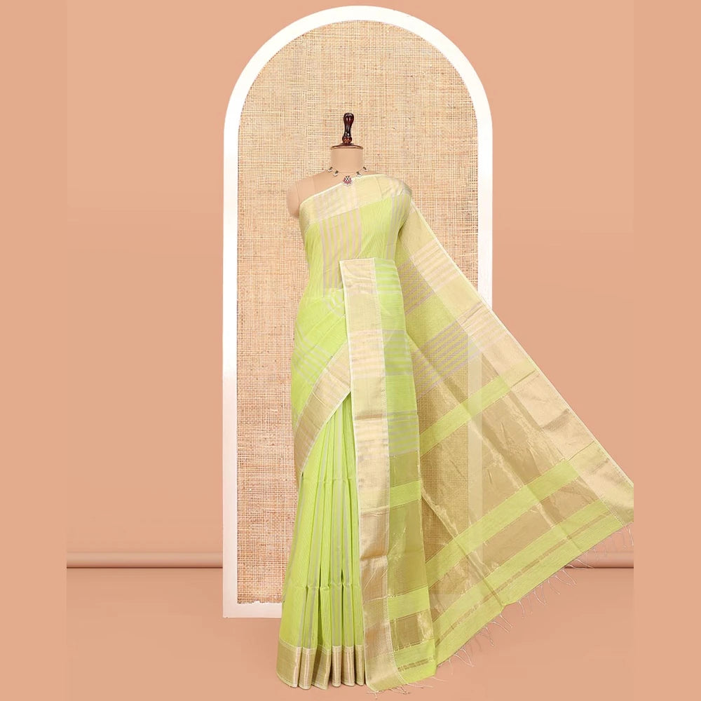 Pothys Green Maheshwari Cotton Saree, Subtly Sparkled with Stripes, Highlighted by a Zari Border, Gleaming Zari Pallu, and Paired with a Matching Blouse