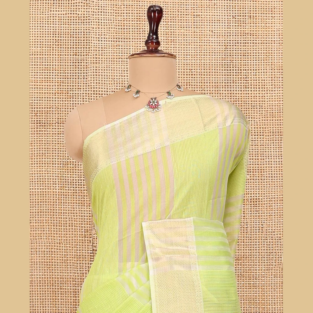Pothys Green Maheshwari Cotton Saree, Subtly Sparkled with Stripes, Highlighted by a Zari Border, Gleaming Zari Pallu, and Paired with a Matching Blouse
