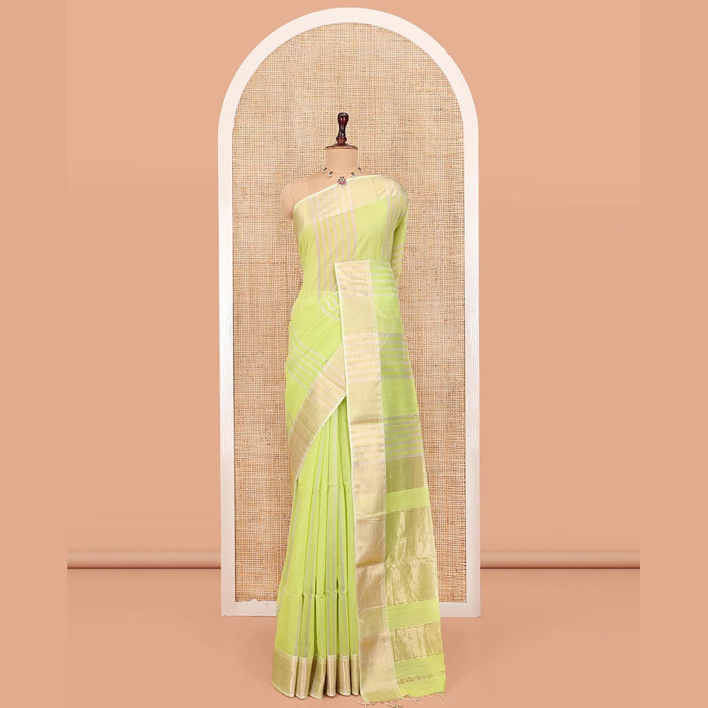 Pothys Green Maheshwari Cotton Saree, Subtly Sparkled with Stripes, Highlighted by a Zari Border, Gleaming Zari Pallu, and Paired with a Matching Blouse
