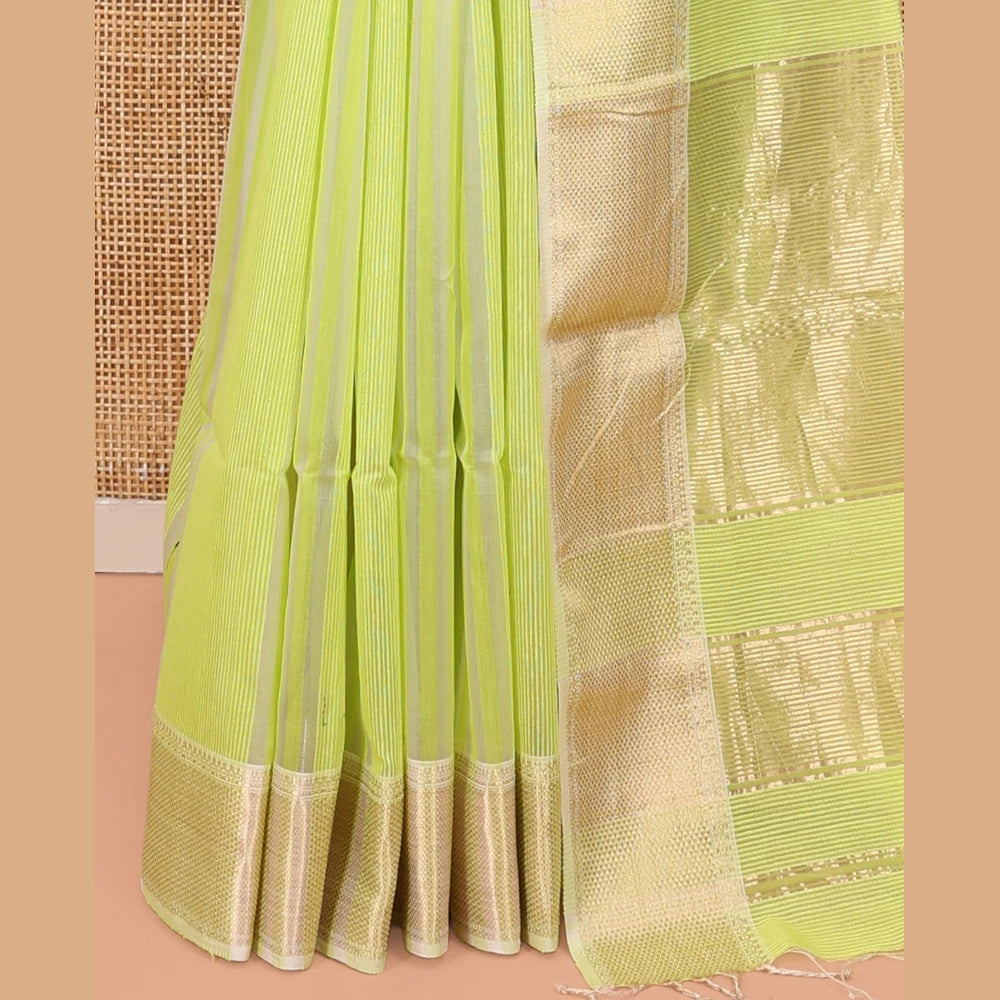 Pothys Green Maheshwari Cotton Saree, Subtly Sparkled with Stripes, Highlighted by a Zari Border, Gleaming Zari Pallu, and Paired with a Matching Blouse