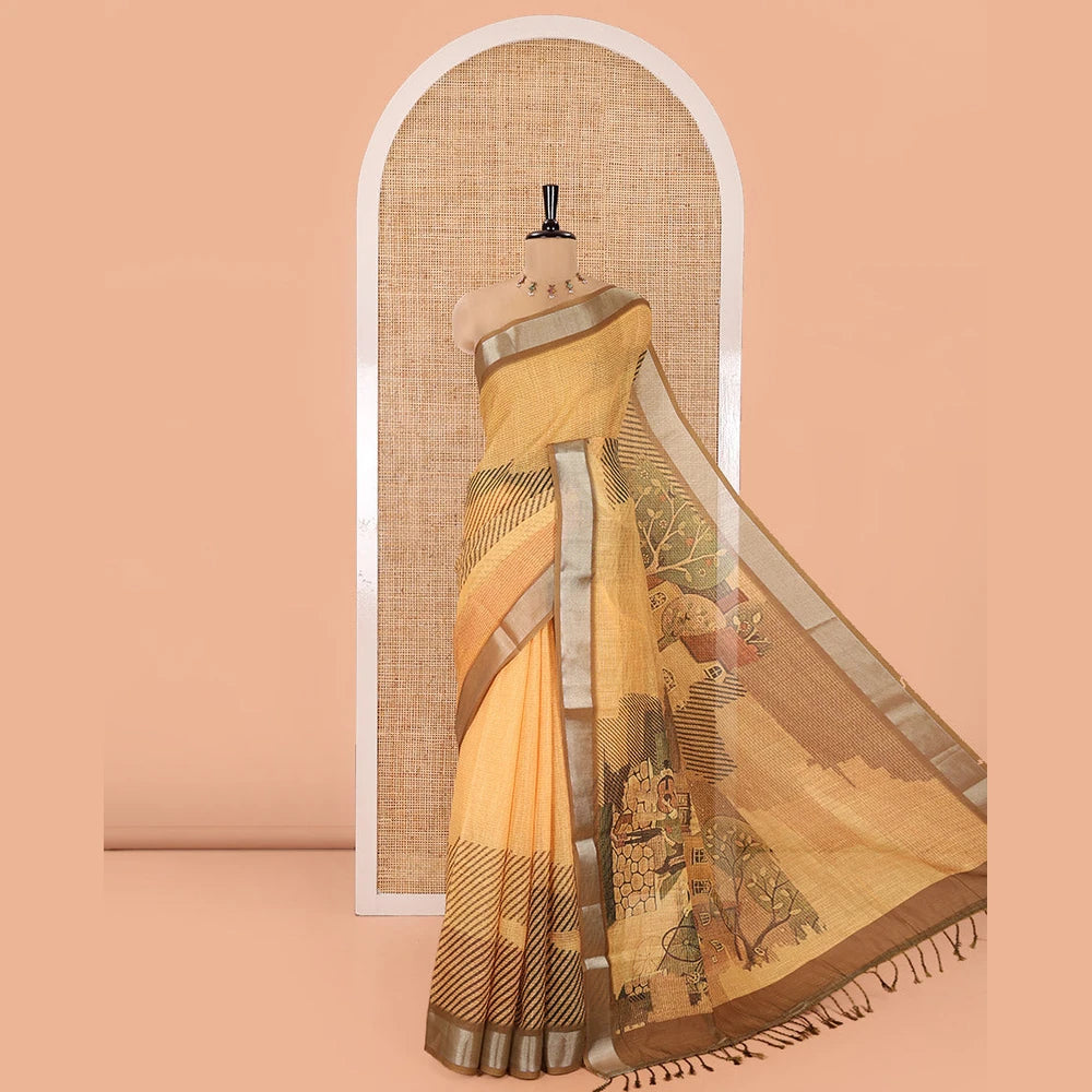Pothys Yellow Linen Cotton Saree, Accentuated with Geometric Patterns Print on Its Body, Complemented by a Contrast Plain Border, Vintage French Scenery Printed Pallu, and Paired with a Contrast Blouse