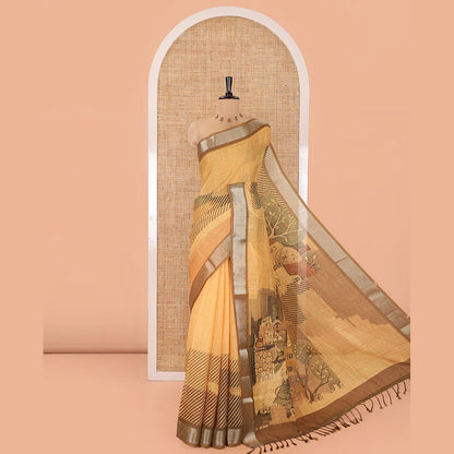 Pothys Yellow Linen Cotton Saree, Accentuated with Geometric Patterns Print on Its Body, Complemented by a Contrast Plain Border, Vintage French Scenery Printed Pallu, and Paired with a Contrast Blouse