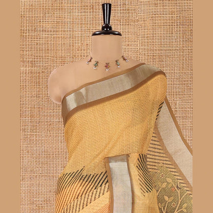 Pothys Yellow Linen Cotton Saree, Accentuated with Geometric Patterns Print on Its Body, Complemented by a Contrast Plain Border, Vintage French Scenery Printed Pallu, and Paired with a Contrast Blouse