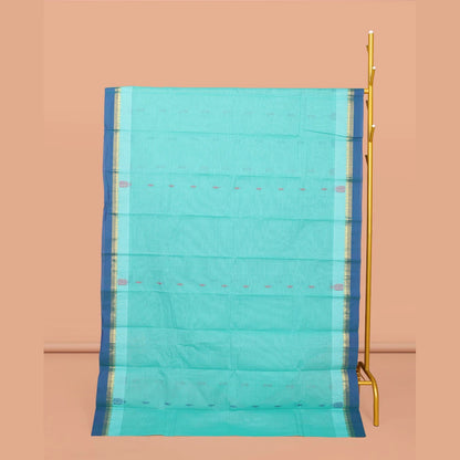 Pothys Blue Kanchi Cotton Saree, Decorated with Buttas All Over Its Body, Complemented by a Contrast Border, Pallu of Paisley Design, and Paired with a Matching Blouse
