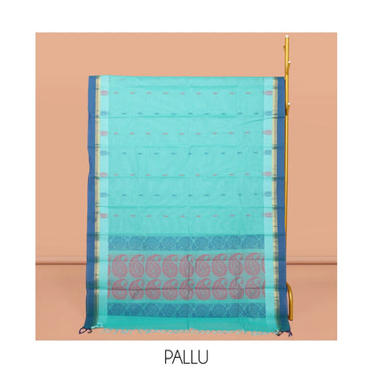 Pothys Blue Kanchi Cotton Saree, Decorated with Buttas All Over Its Body, Complemented by a Contrast Border, Pallu of Paisley Design, and Paired with a Matching Blouse