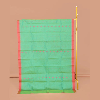 Pothys Green Kanchi Cotton Saree, Ornamented with Buttas All Over Its Body, Complemented by a Contrast Border, Pallu of Geometric Designs, and Paired with a Matching Blouse