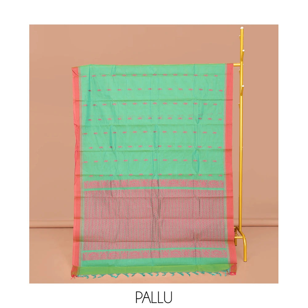 Pothys Green Kanchi Cotton Saree, Ornamented with Buttas All Over Its Body, Complemented by a Contrast Border, Pallu of Geometric Designs, and Paired with a Matching Blouse