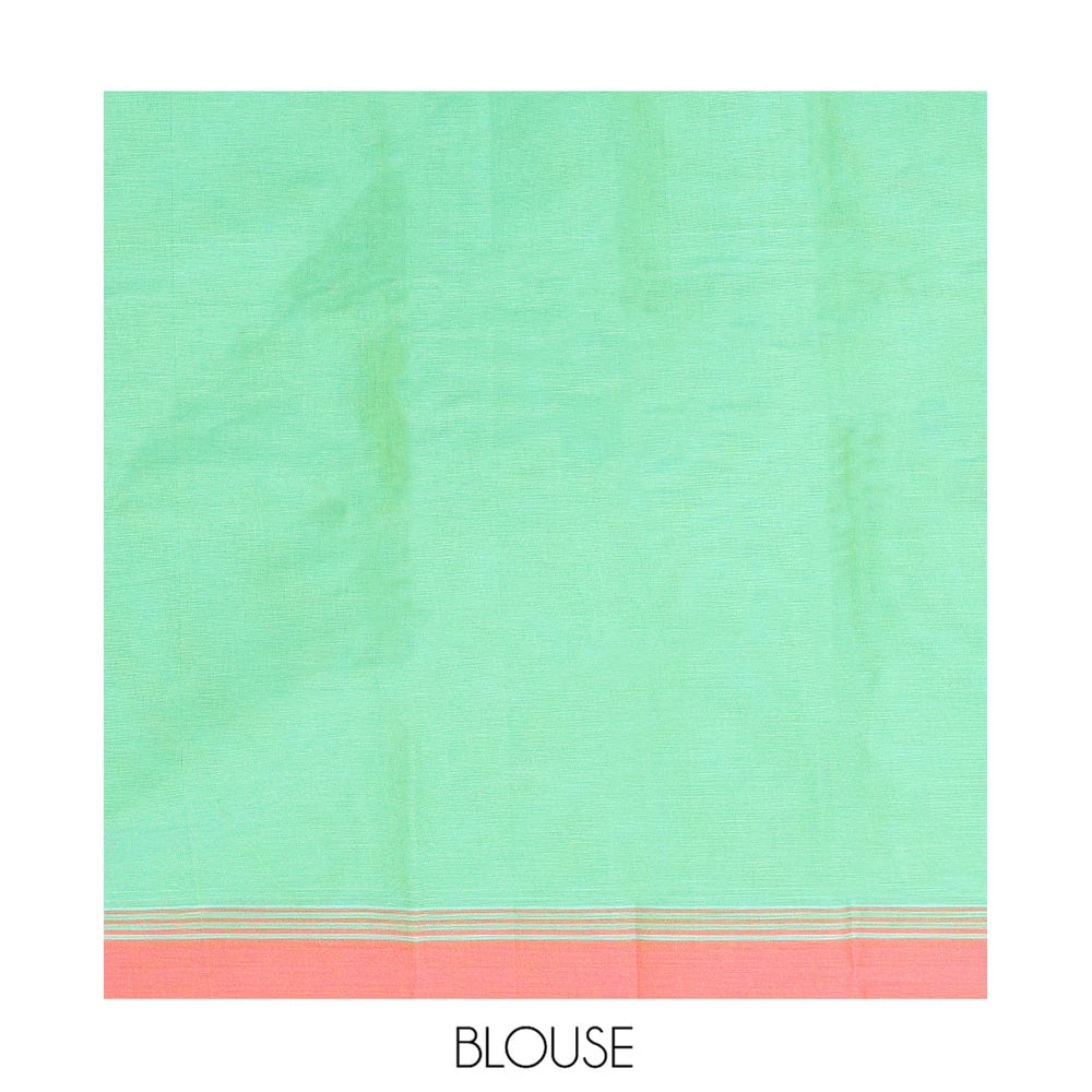 Pothys Green Kanchi Cotton Saree, Ornamented with Buttas All Over Its Body, Complemented by a Contrast Border, Pallu of Geometric Designs, and Paired with a Matching Blouse