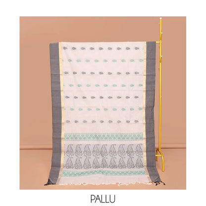 Pothys Off-White Kanchi Cotton Saree, Decked Up with Buttas All Over Its Body, Complemented by a Contrast Border, Pallu of Paisley Designs, and Paired with a Matching Blouse