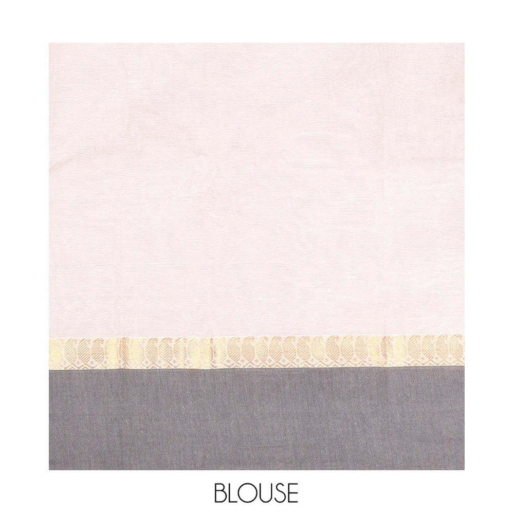 Pothys Off-White Kanchi Cotton Saree, Decked Up with Buttas All Over Its Body, Complemented by a Contrast Border, Pallu of Paisley Designs, and Paired with a Matching Blouse