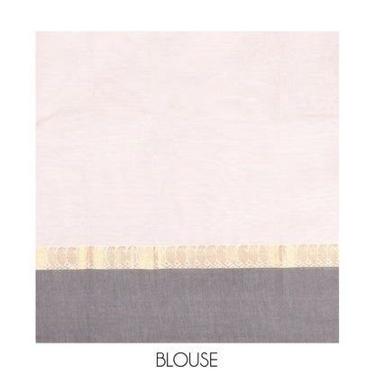 Pothys Off-White Kanchi Cotton Saree, Decked Up with Buttas All Over Its Body, Complemented by a Contrast Border, Pallu of Paisley Designs, and Paired with a Matching Blouse