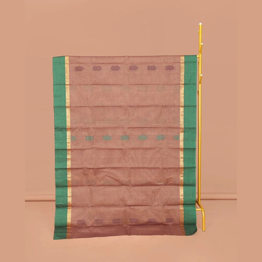 Pothys Brown Kanchi Cotton Saree, Bedecked with Buttas All Over Its Body, Complemented by a Contrast Border, Pallu of Paisley, Floral and Checks, and Paired with a Matching Blouse
