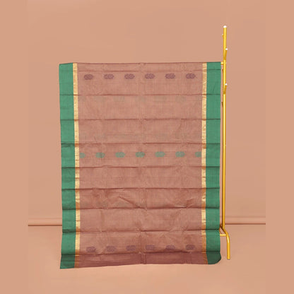 Pothys Brown Kanchi Cotton Saree, Bedecked with Buttas All Over Its Body, Complemented by a Contrast Border, Pallu of Paisley, Floral and Checks, and Paired with a Matching Blouse