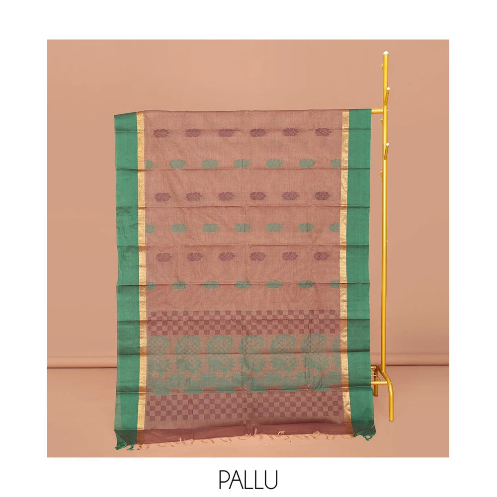 Pothys Brown Kanchi Cotton Saree, Bedecked with Buttas All Over Its Body, Complemented by a Contrast Border, Pallu of Paisley, Floral and Checks, and Paired with a Matching Blouse