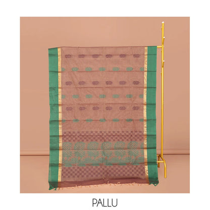 Pothys Brown Kanchi Cotton Saree, Bedecked with Buttas All Over Its Body, Complemented by a Contrast Border, Pallu of Paisley, Floral and Checks, and Paired with a Matching Blouse