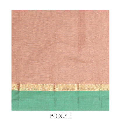 Pothys Brown Kanchi Cotton Saree, Bedecked with Buttas All Over Its Body, Complemented by a Contrast Border, Pallu of Paisley, Floral and Checks, and Paired with a Matching Blouse