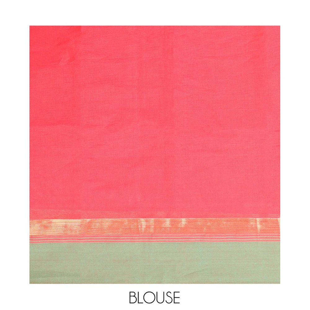 Pothys Red Kanchi Cotton Saree, Subtly Threaded with Floral Buttas All Over Its Body, Complemented by Contrast Zari Border, Pallu of Floral Designs, and Paired with a Matching Blouse