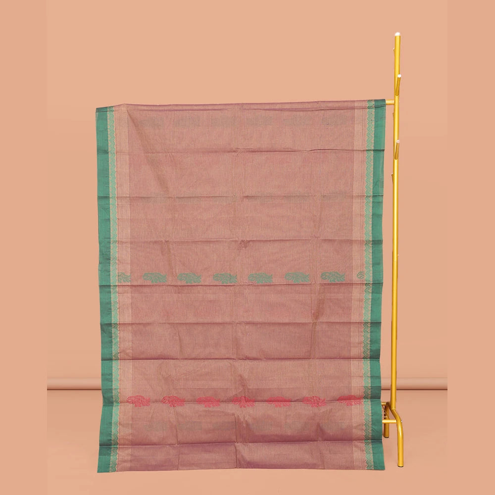 Pothys Brown Kanchi Cotton Saree, Subtly Threaded with Floral Buttas All Over Its Body, Complemented by Contrast Border, Pallu of Floral Designs, and Paired with a Matching Blouse