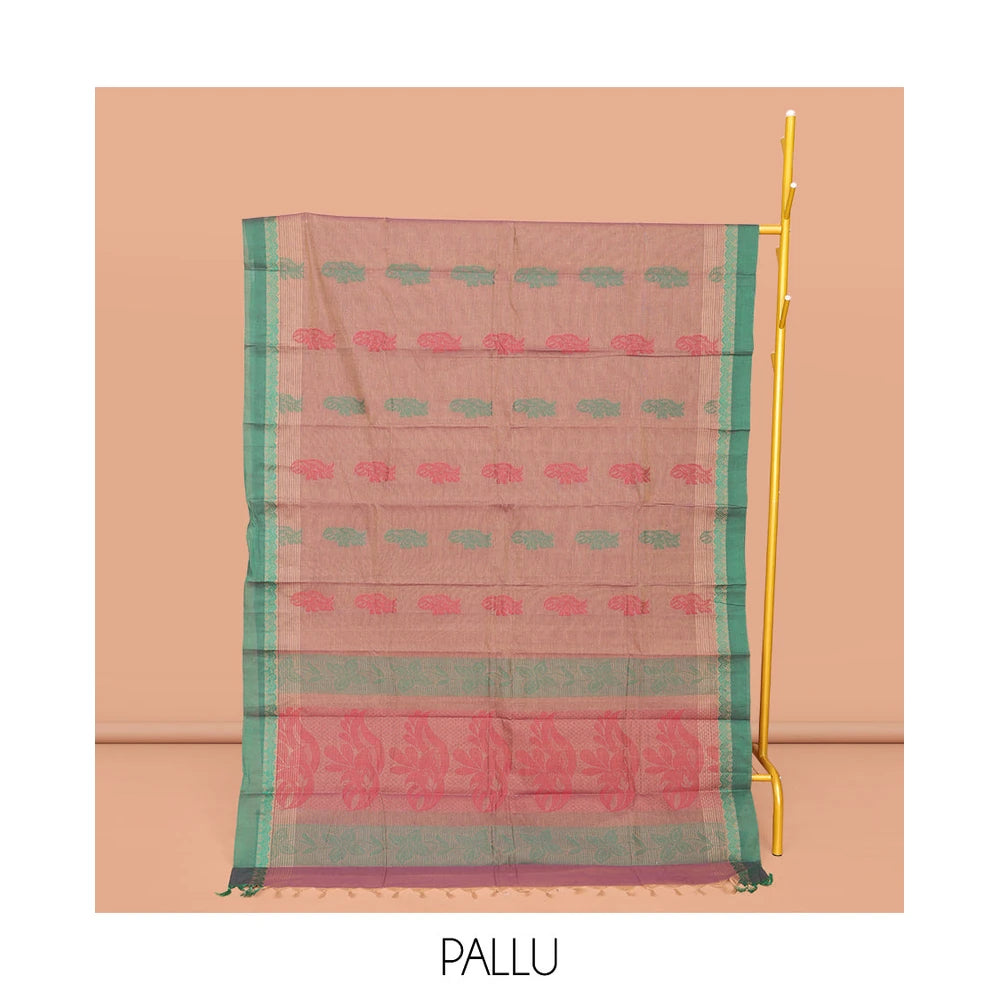 Pothys Brown Kanchi Cotton Saree, Subtly Threaded with Floral Buttas All Over Its Body, Complemented by Contrast Border, Pallu of Floral Designs, and Paired with a Matching Blouse