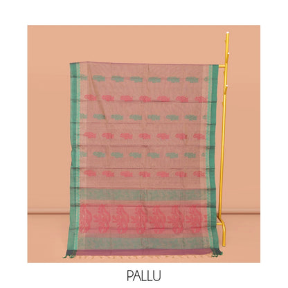 Pothys Brown Kanchi Cotton Saree, Subtly Threaded with Floral Buttas All Over Its Body, Complemented by Contrast Border, Pallu of Floral Designs, and Paired with a Matching Blouse