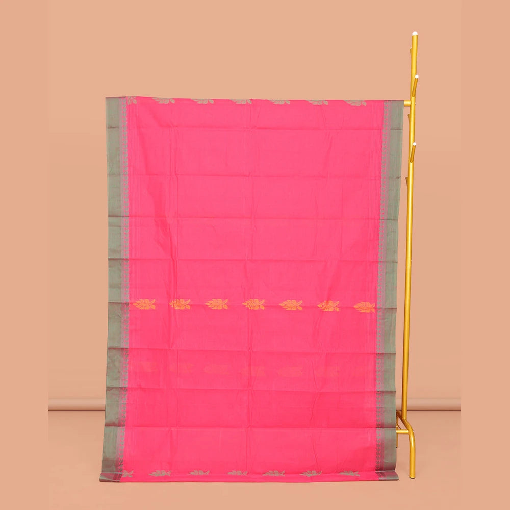 Pothys Pink Kanchi Cotton Saree, Woven with Buttas All Over Its Body, Complemented by Contrast Border, Pallu of Paisleys and Geometric Designs, and Paired with a Matching Blouse