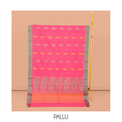 Pothys Pink Kanchi Cotton Saree, Woven with Buttas All Over Its Body, Complemented by Contrast Border, Pallu of Paisleys and Geometric Designs, and Paired with a Matching Blouse