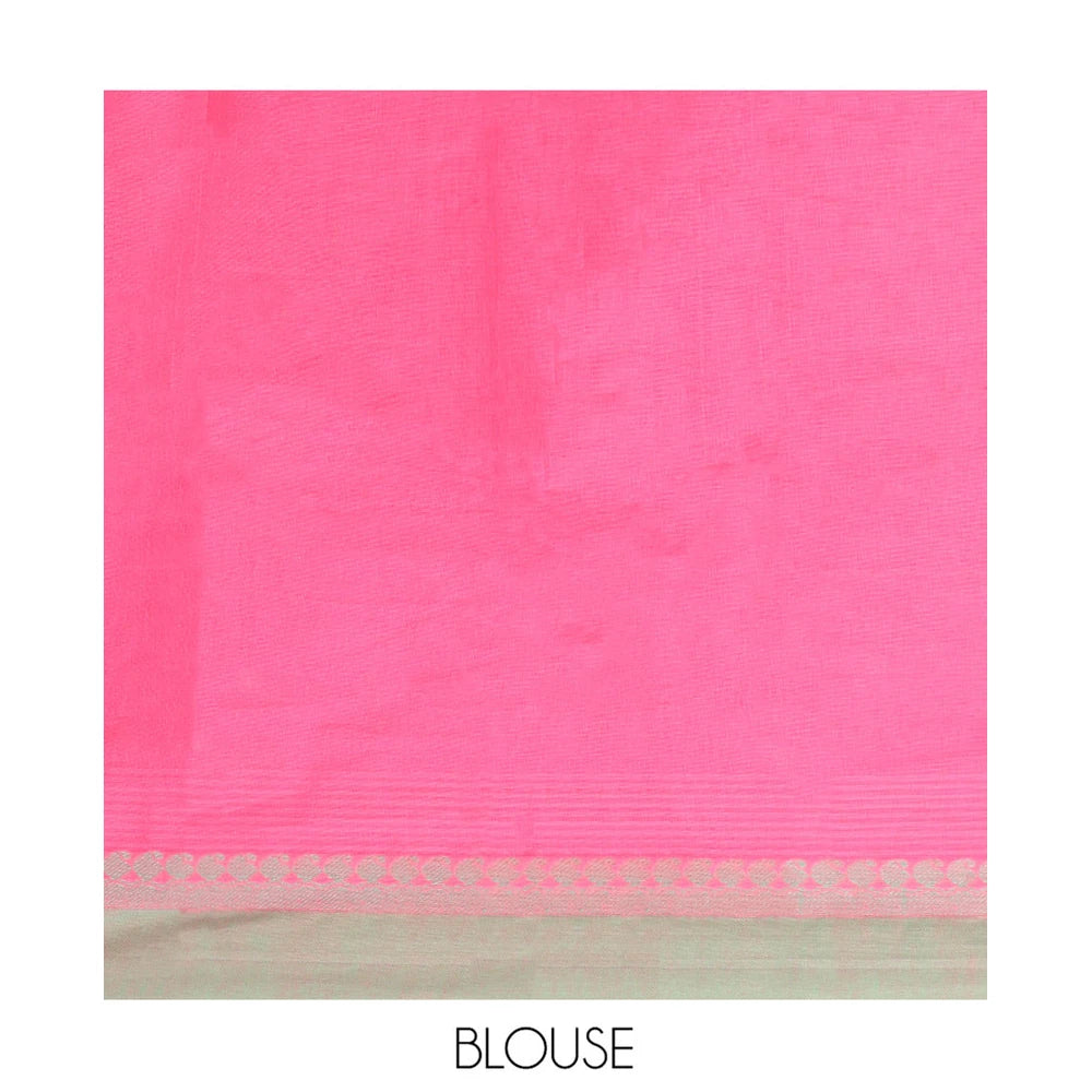 Pothys Pink Kanchi Cotton Saree, Woven with Buttas All Over Its Body, Complemented by Contrast Border, Pallu of Paisleys and Geometric Designs, and Paired with a Matching Blouse