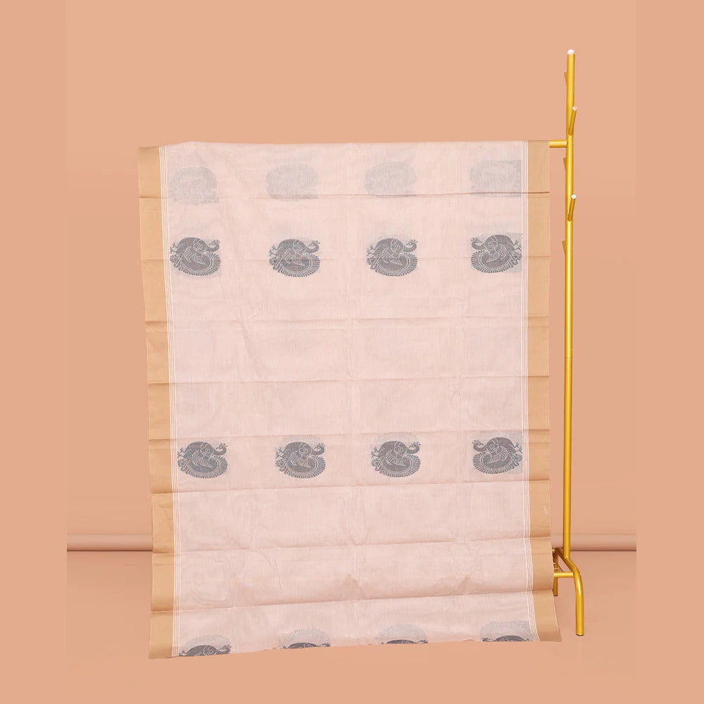 Pothys White Kanchi Cotton Saree, Prettified with Peacock Buttas All Over Its Body, Complemented by a Contrast Border, Pallu of Stripes and Buttas, and Paired with a Matching Blouse