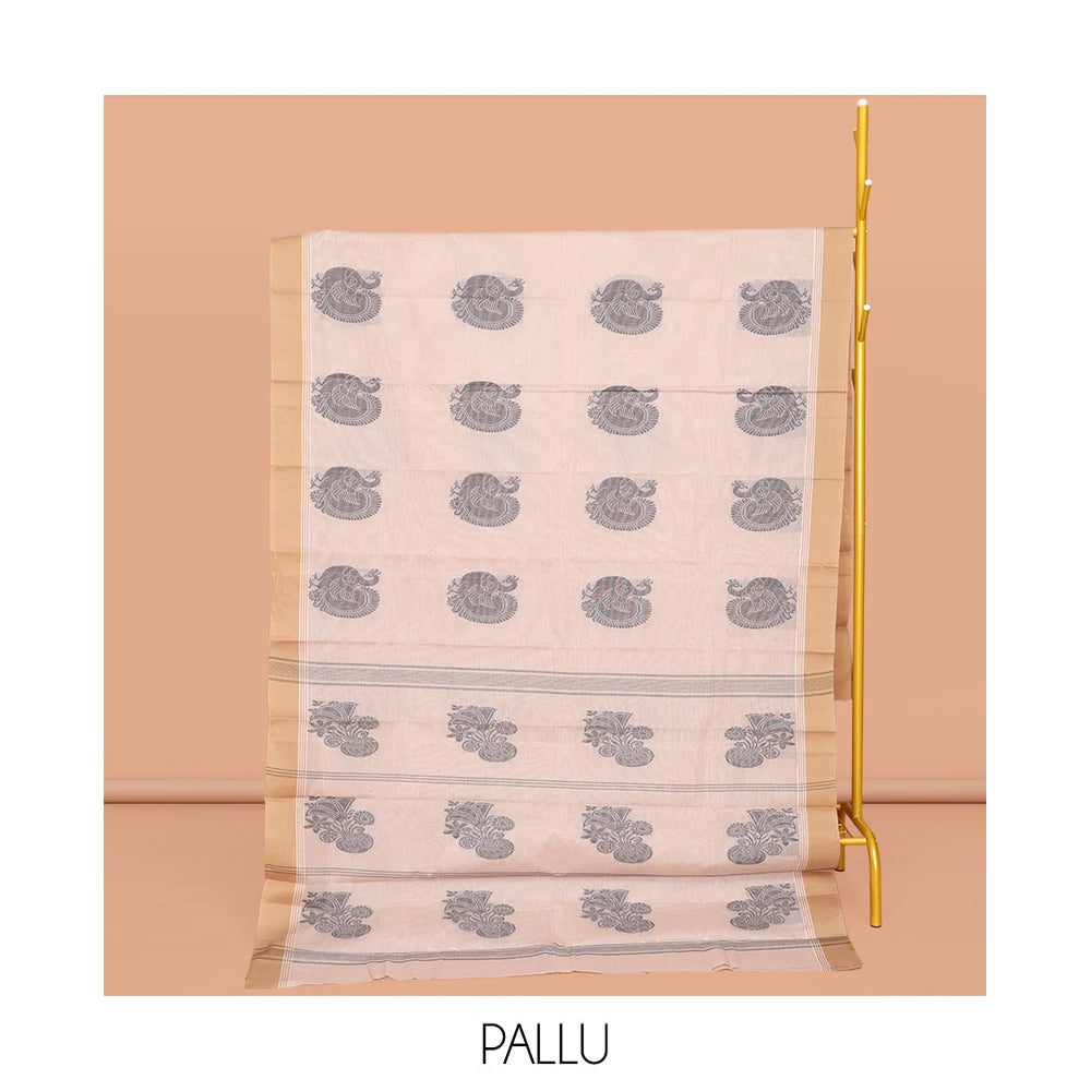 Pothys White Kanchi Cotton Saree, Prettified with Peacock Buttas All Over Its Body, Complemented by a Contrast Border, Pallu of Stripes and Buttas, and Paired with a Matching Blouse