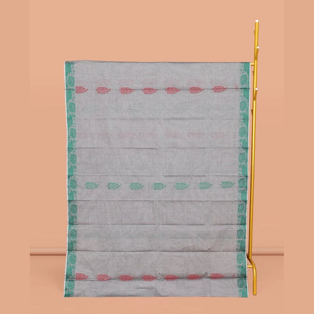 Pothys Grey Kanchi Cotton Saree, Steeped with Buttas All Over Its Body, a Subtle Self-Border, Pallu of Floral-Geometric Designs, and Paired with a Matching Blouse