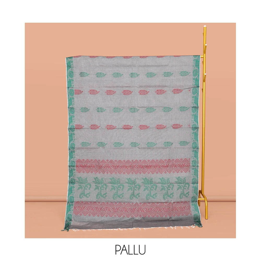 Pothys Grey Kanchi Cotton Saree, Steeped with Buttas All Over Its Body, a Subtle Self-Border, Pallu of Floral-Geometric Designs, and Paired with a Matching Blouse
