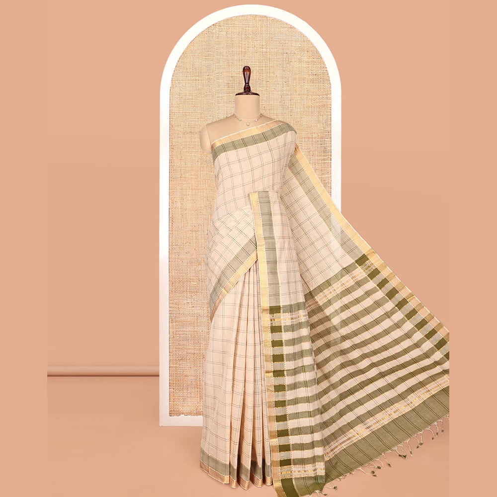 Pothys Sandal Mangalgiri Cotton Saree, Subtly Sparkled with Checks on Its Body, Complemented by Contrast Zari Temple Border, Zari-Striped Pallu, and Paired with a Contrast Blouse