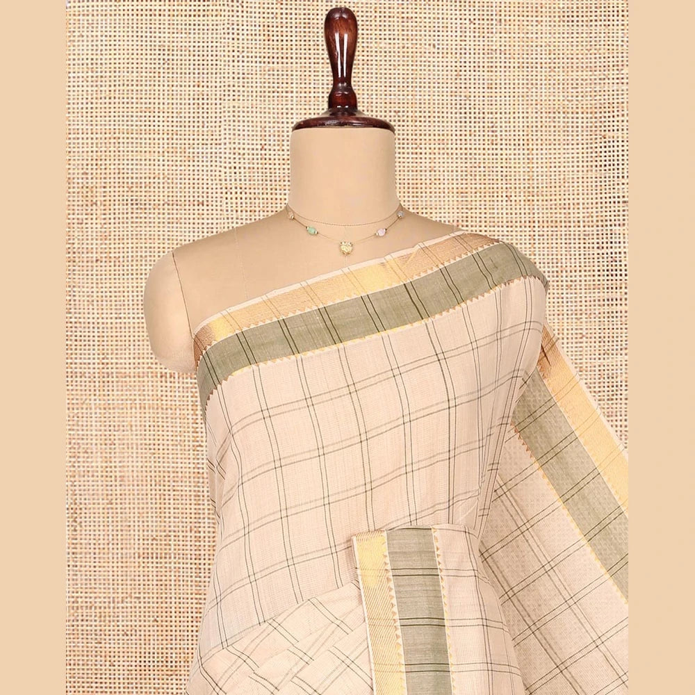 Pothys Sandal Mangalgiri Cotton Saree, Subtly Sparkled with Checks on Its Body, Complemented by Contrast Zari Temple Border, Zari-Striped Pallu, and Paired with a Contrast Blouse