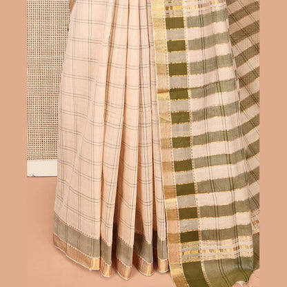 Pothys Sandal Mangalgiri Cotton Saree, Subtly Sparkled with Checks on Its Body, Complemented by Contrast Zari Temple Border, Zari-Striped Pallu, and Paired with a Contrast Blouse