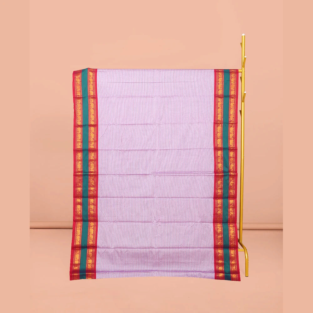 Pothys Lavender Striped Narayanpet Cotton Saree, Complemented by a Contrast Traditional Design Rettai Pettu Border, Striped Pallu, and Comes Without a Blouse