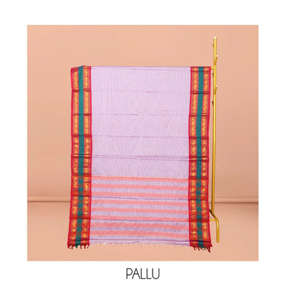 Pothys Lavender Striped Narayanpet Cotton Saree, Complemented by a Contrast Traditional Design Rettai Pettu Border, Striped Pallu, and Comes Without a Blouse