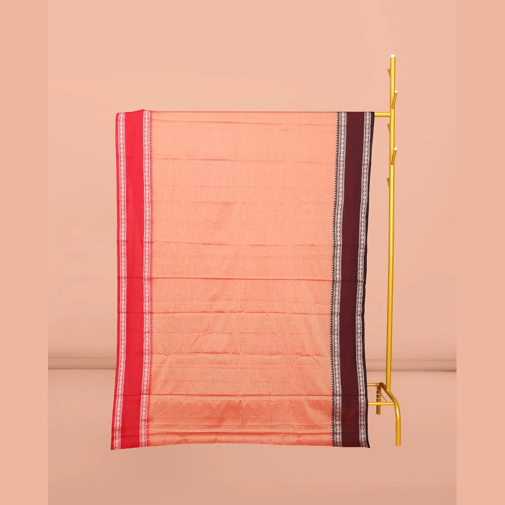 Pothys Peach Striped Narayanpet Cotton Saree, Complemented by a Contrast Traditional Design Rettai Pettu Ganga Jamuna Border, Striped Pallu, and Comes Without a Blouse