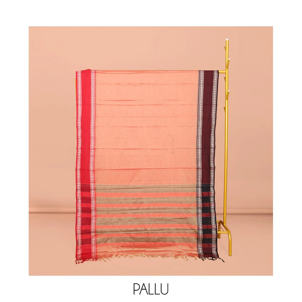 Pothys Peach Striped Narayanpet Cotton Saree, Complemented by a Contrast Traditional Design Rettai Pettu Ganga Jamuna Border, Striped Pallu, and Comes Without a Blouse