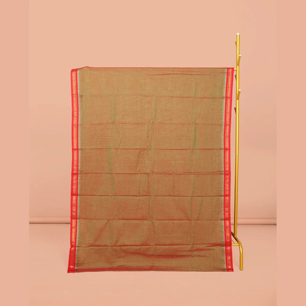 Pothys Orange Plain Narayanpet Cotton Saree, Complemented by a Contrast Traditional Design Temple Border, Striped Pallu, and Comes Without a Blouse