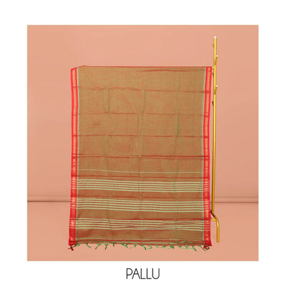 Pothys Orange Plain Narayanpet Cotton Saree, Complemented by a Contrast Traditional Design Temple Border, Striped Pallu, and Comes Without a Blouse
