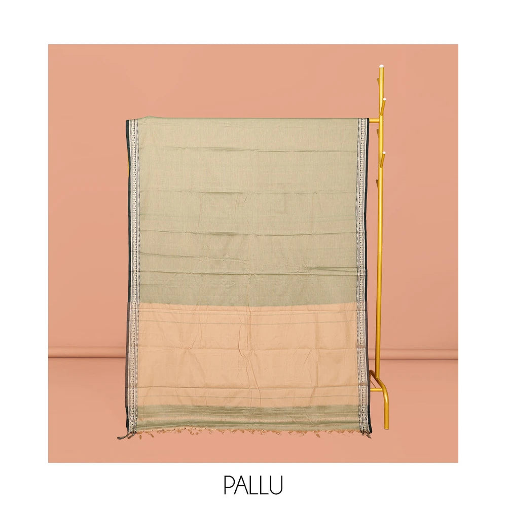 Pothys Pale Green Plain Narayanpet Cotton Saree, Complemented by Contrast Traditional Design Border, Plain Pallu, and Comes Without a Blouse