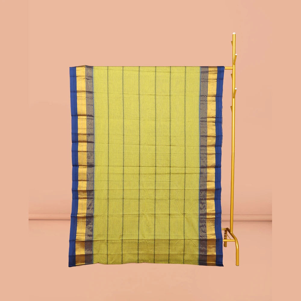 Pothys Green Narayanpet Cotton Saree, Adorned with Veldhari Stripes, Complemented by a Contrast Temple Traditional Zari Design Border, Striped Pallu, and Comes Without a Blouse