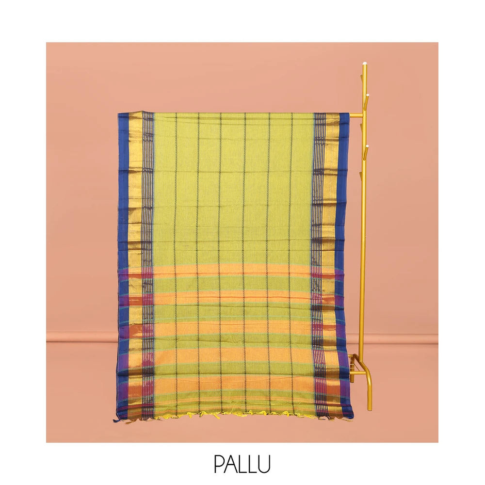 Pothys Green Narayanpet Cotton Saree, Adorned with Veldhari Stripes, Complemented by a Contrast Temple Traditional Zari Design Border, Striped Pallu, and Comes Without a Blouse